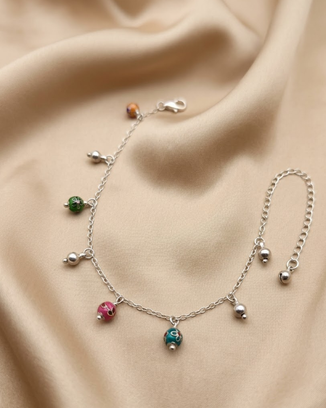 Multicolor Floral Enamel Anklet Sterling Silver