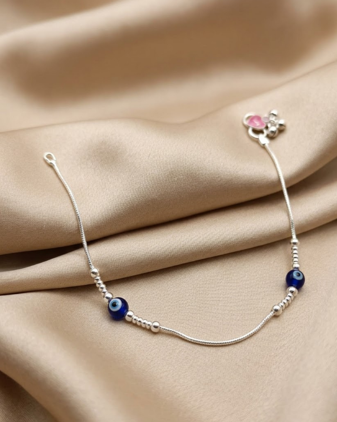 Blue Evil Eye Station Anklet Sterling Silver