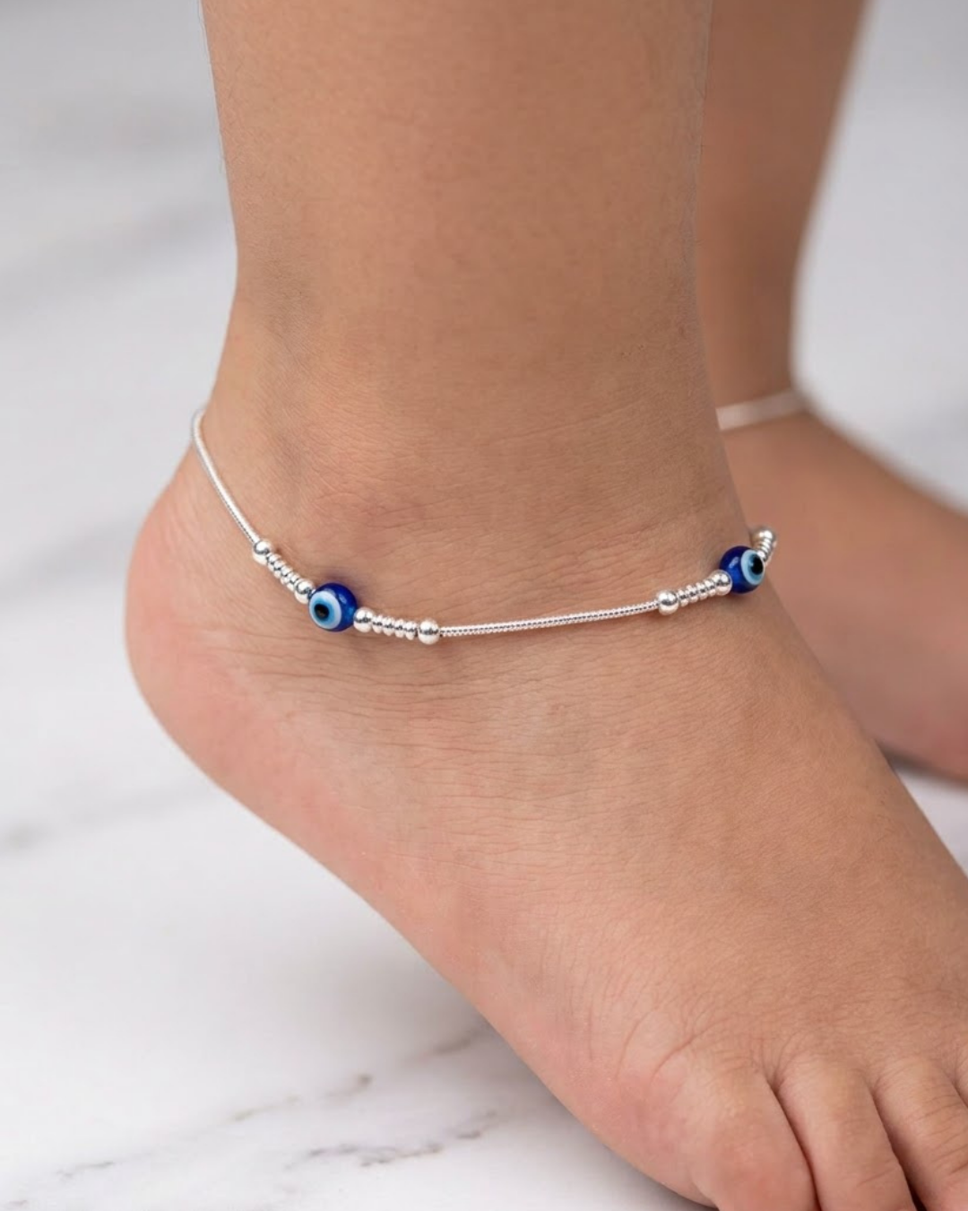 Blue Evil Eye Station Anklet Sterling Silver