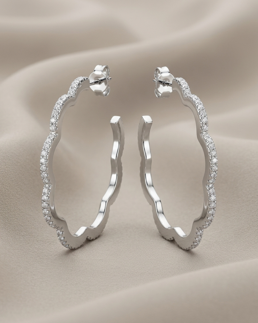 Scalloped Pave Cloud Hoop Earrings Sterling Silver