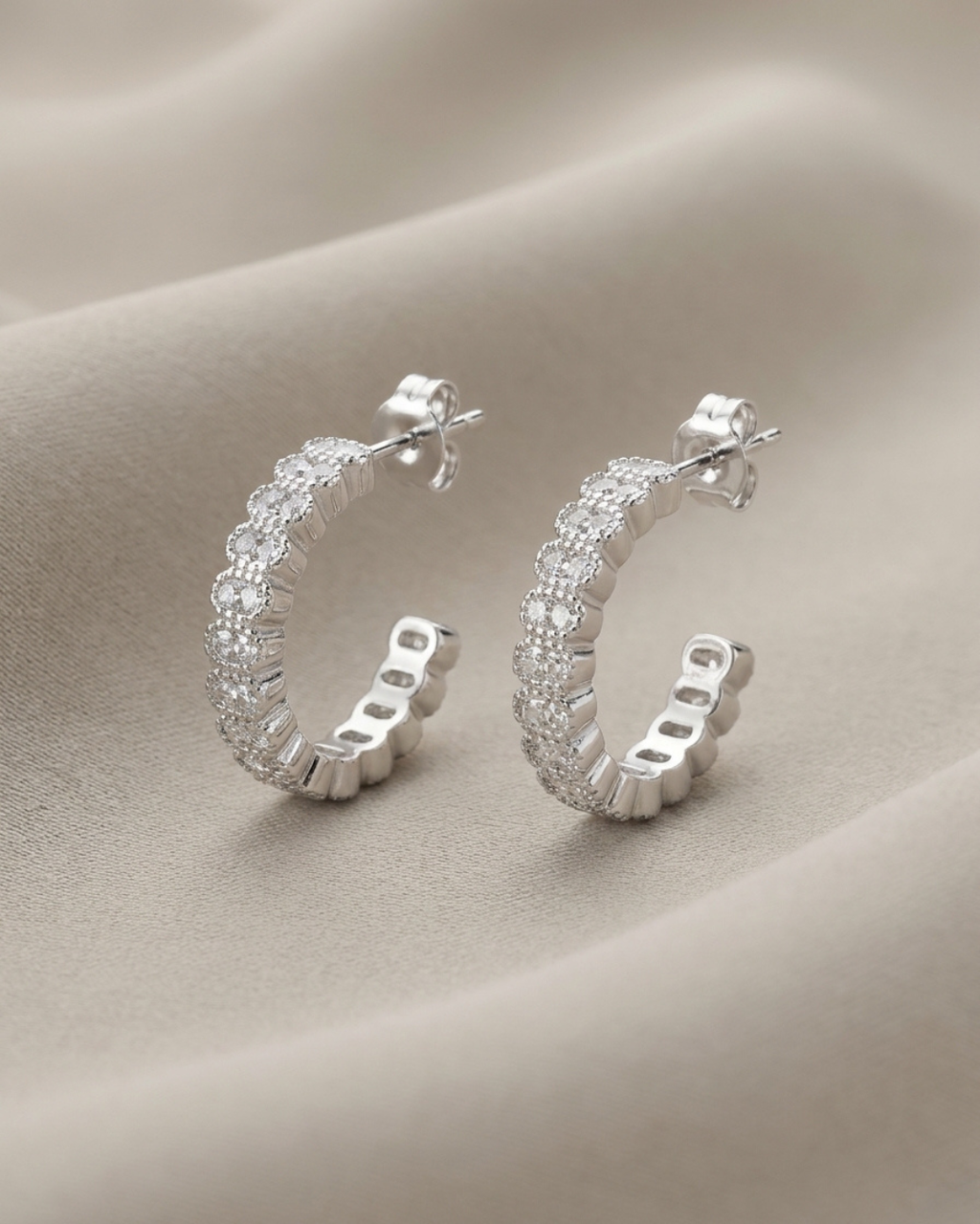 Scalloped Bezel Pavé Hoop Earrings Sterling Silver