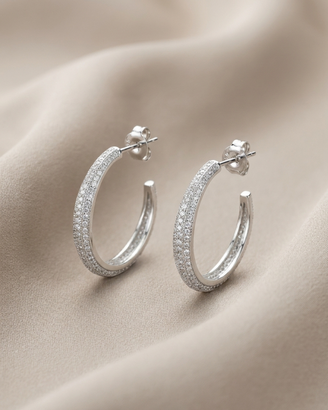 Micro Pave C Hoop Earrings Sterling Silver