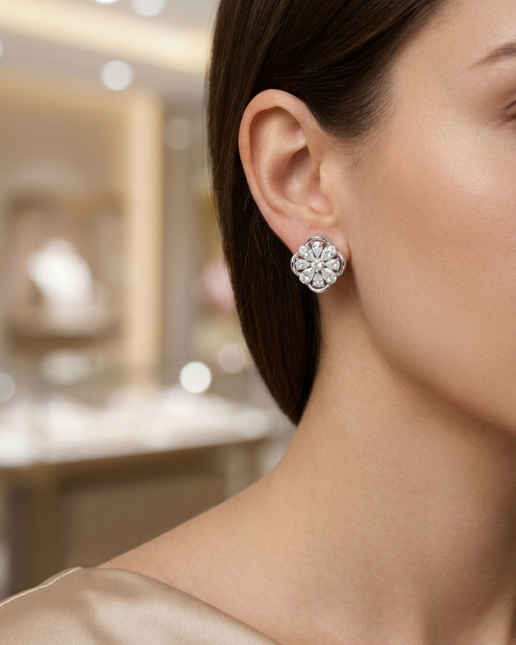 Floral Cushion Stud Earrings Sterling Silver