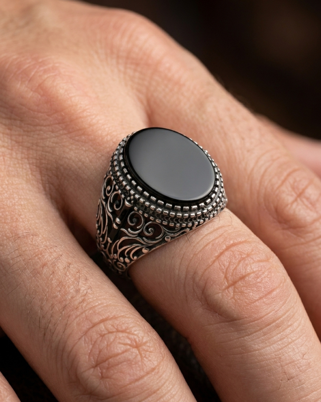 Royal Scrollwork Onyx Signet Ring