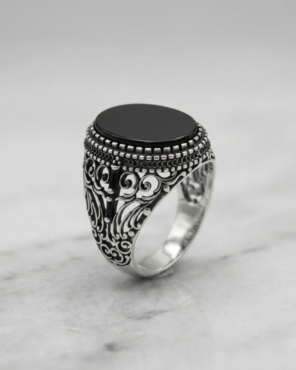 Royal Scrollwork Onyx Signet Ring