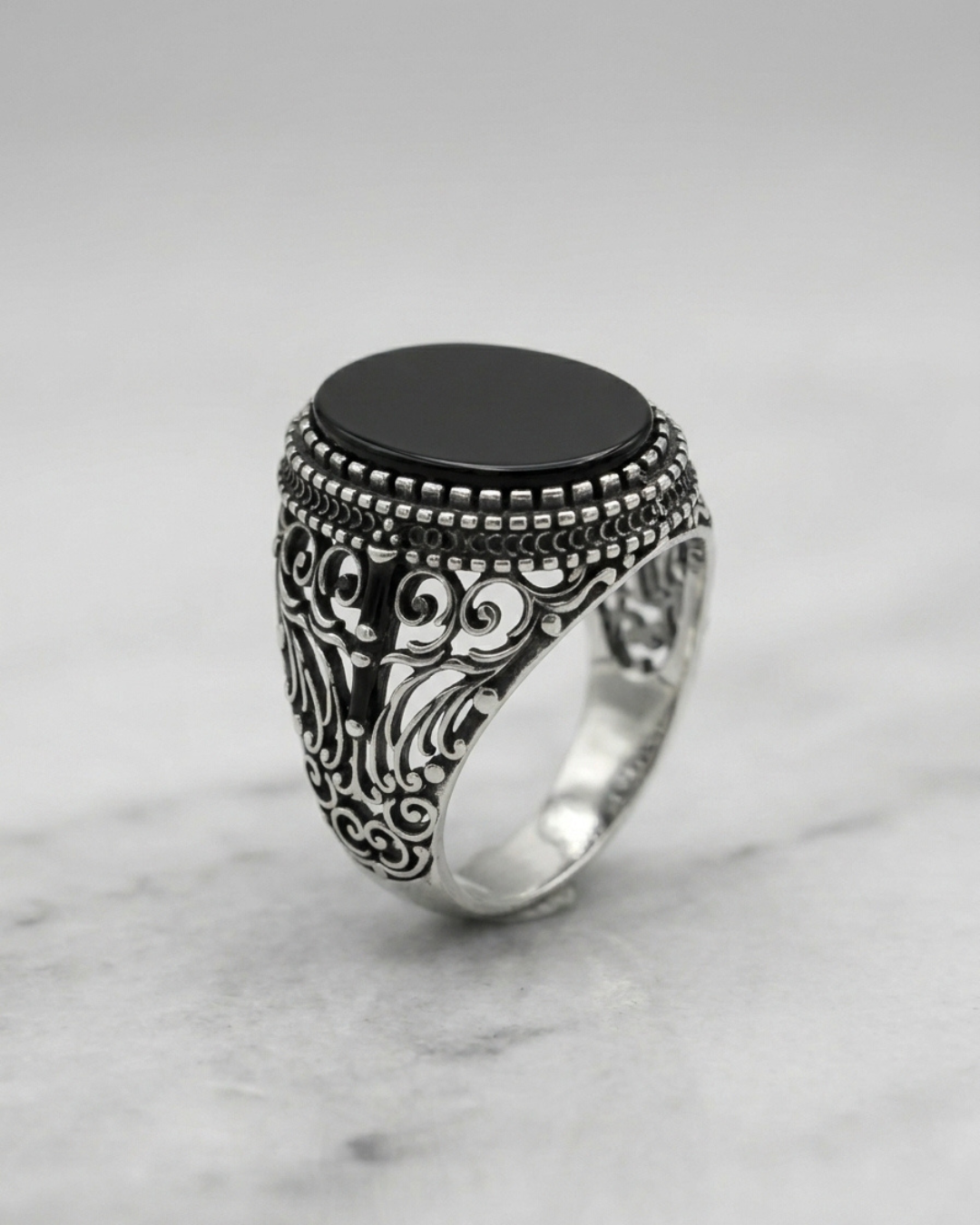 Royal Scrollwork Onyx Signet Ring