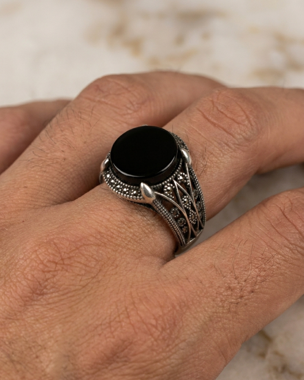 Obsidian Talon Marcasite Signet Ring