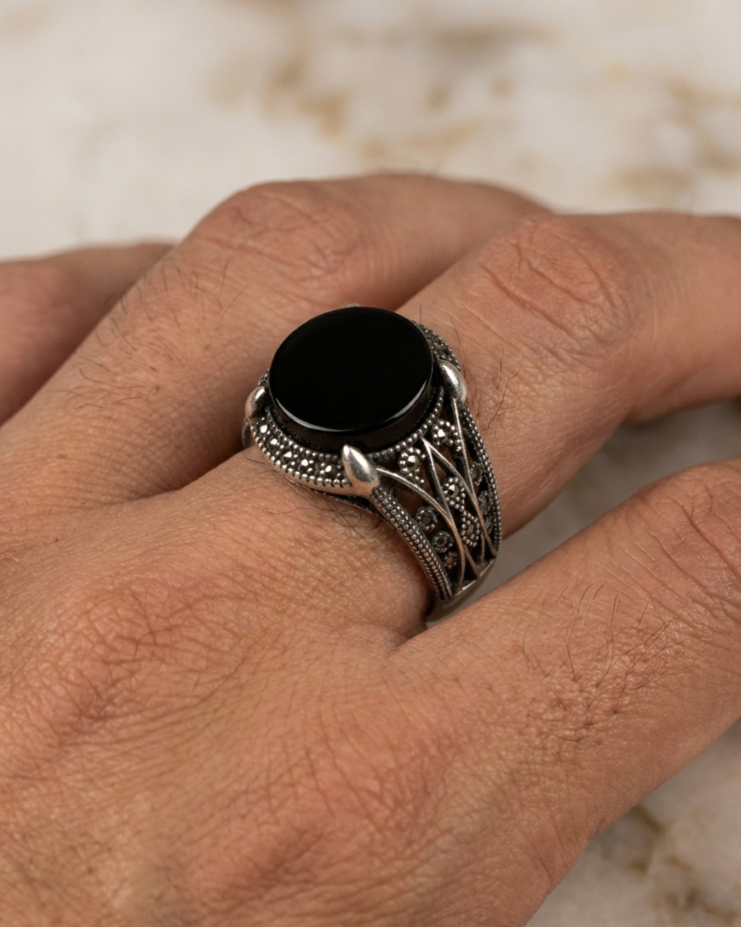 Obsidian Talon Marcasite Signet Ring