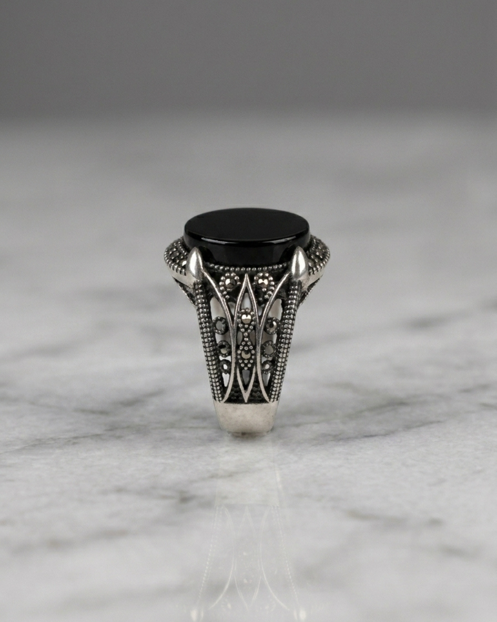 Obsidian Talon Marcasite Signet Ring