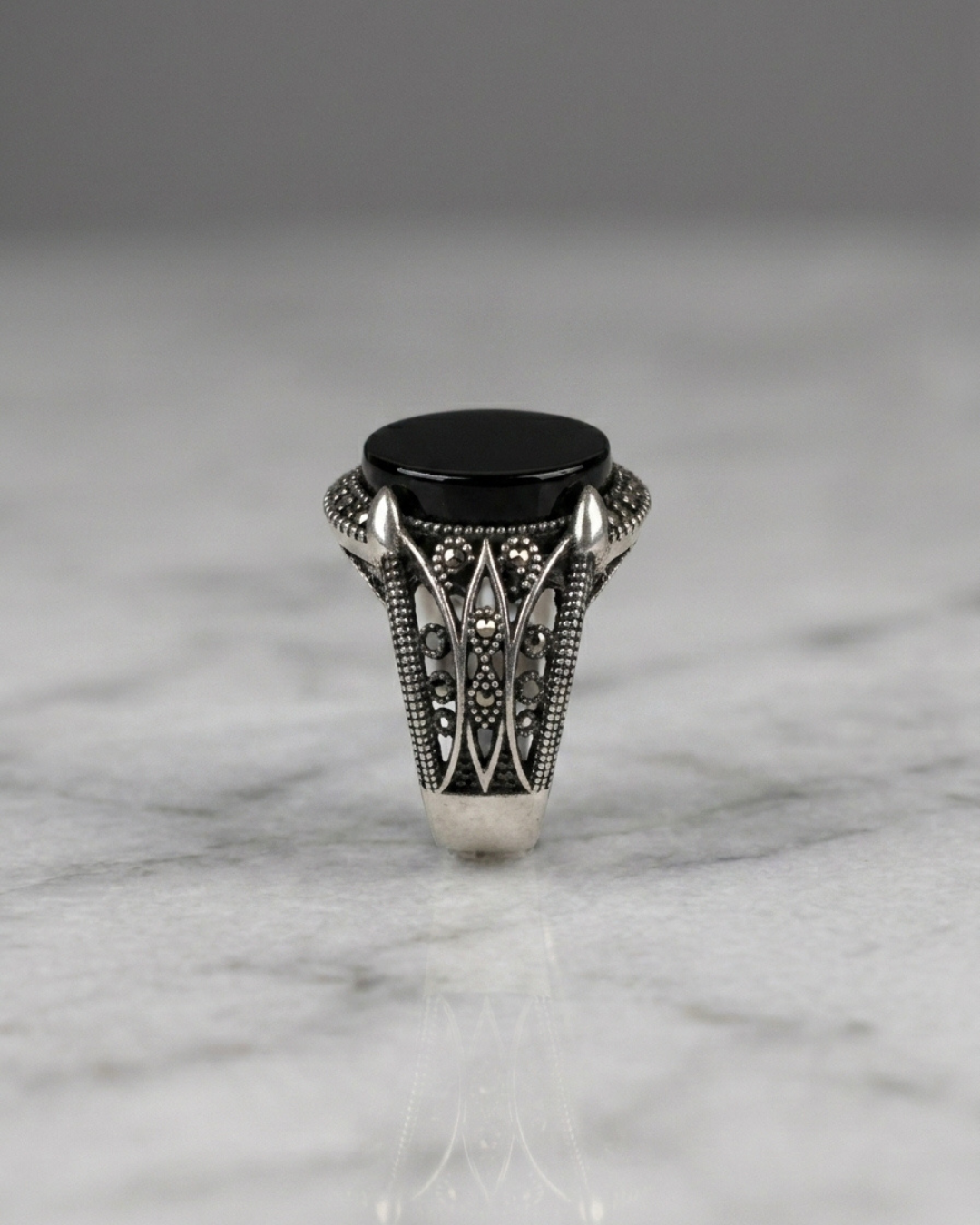 Obsidian Talon Marcasite Signet Ring