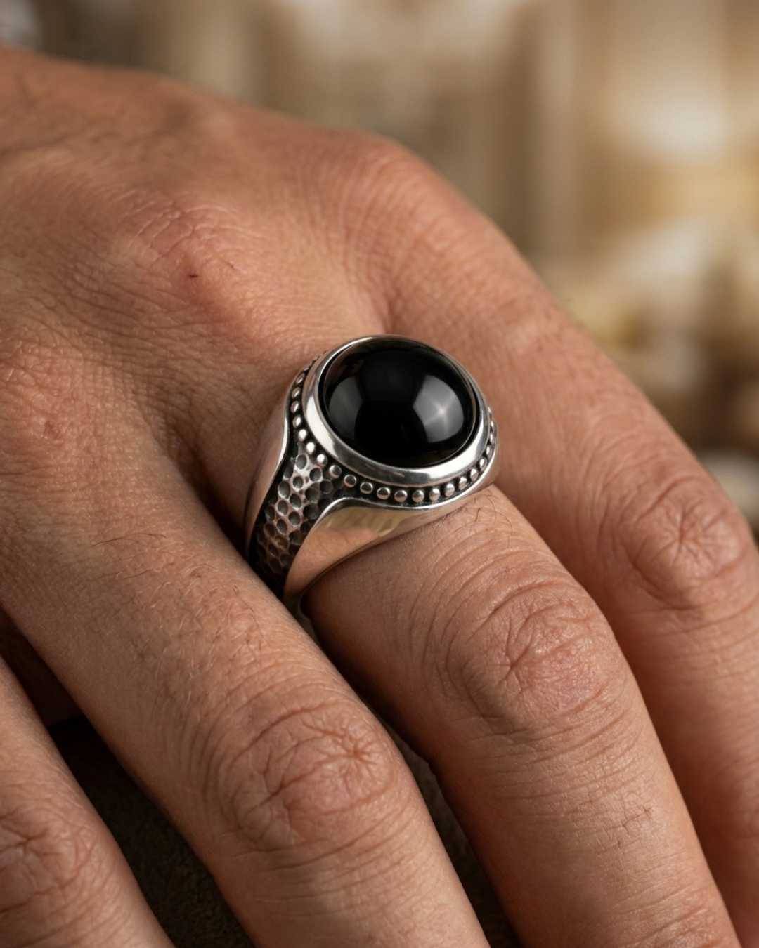Royal Obsidian Hammered Signet Ring