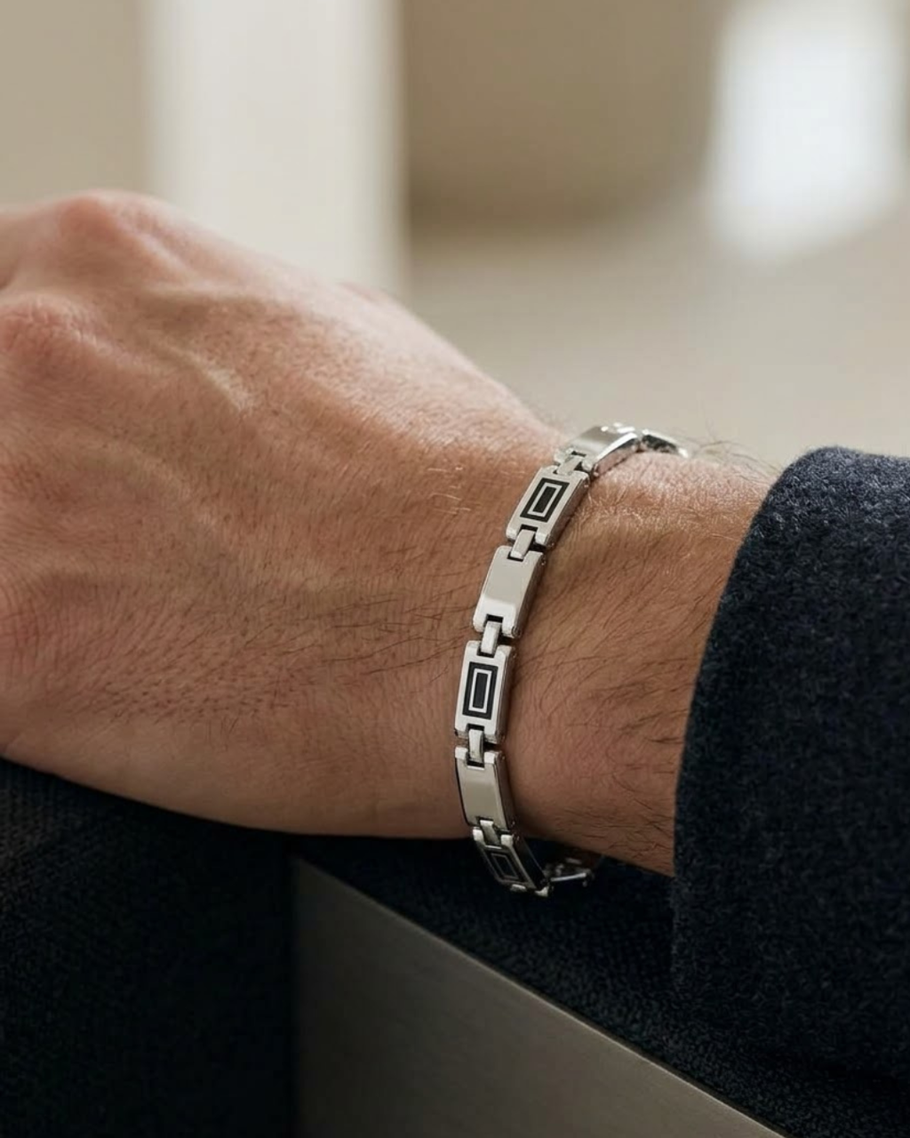 Geometric Bar Link Men's Bracelet Sterling Silver