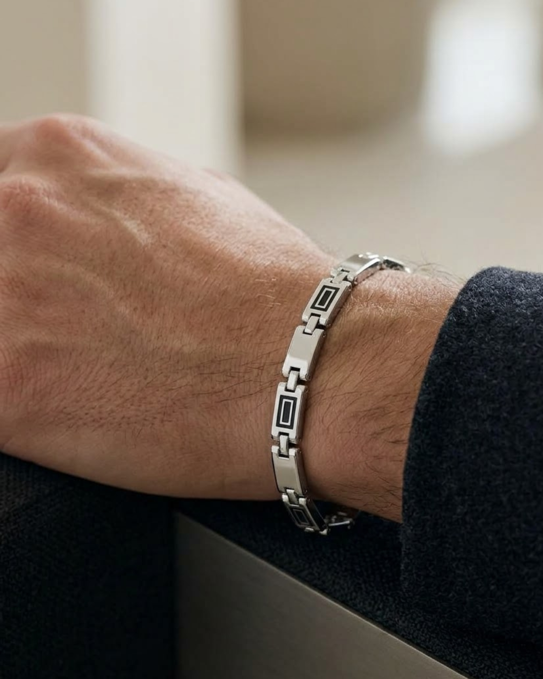 Geometric Bar Link Men's Bracelet Sterling Silver