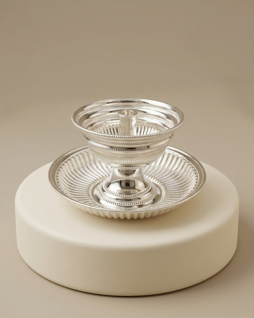 Silver Traditional Fluted Diya Holder with Attached Plate