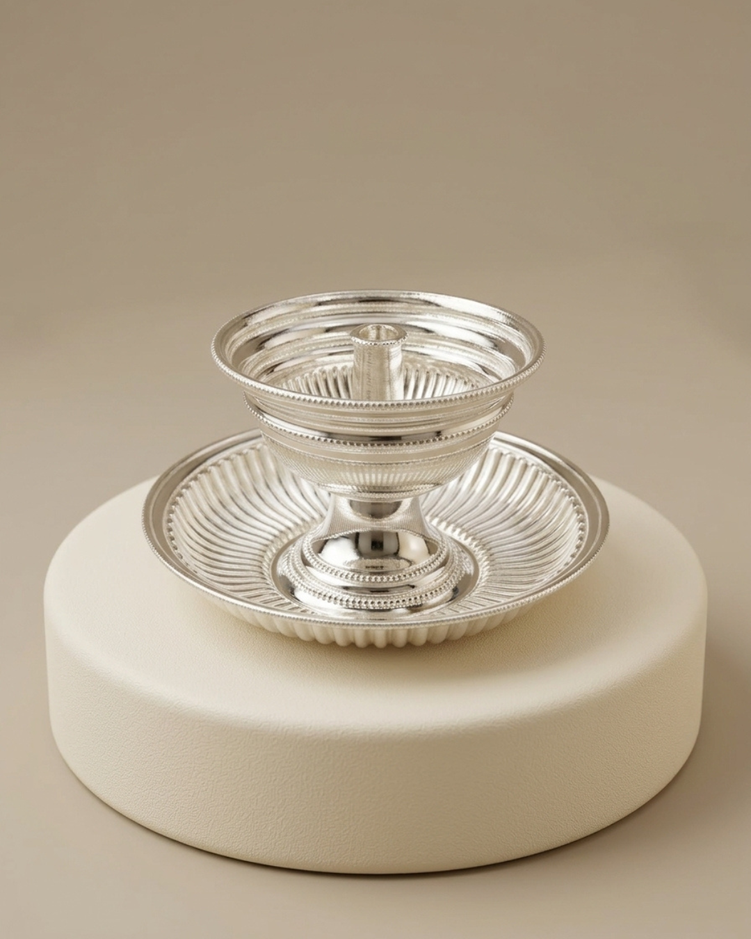 Silver Traditional Fluted Diya Holder with Attached Plate