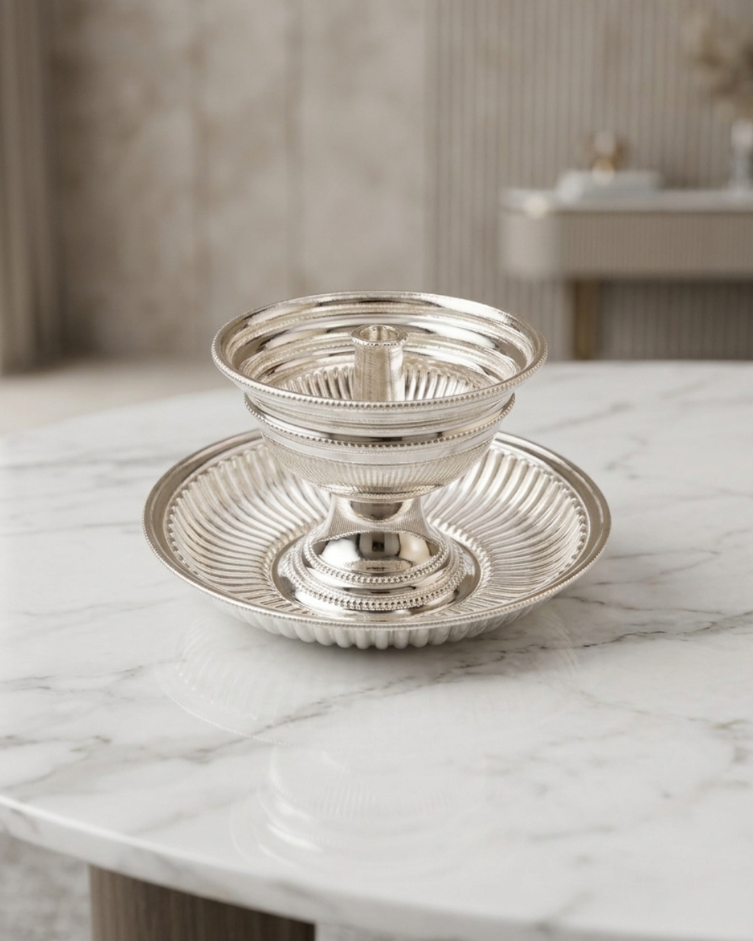 Silver Traditional Fluted Diya Holder with Attached Plate