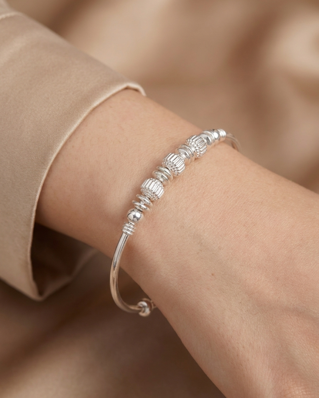 Textured Bead Bangle Sterling Silver