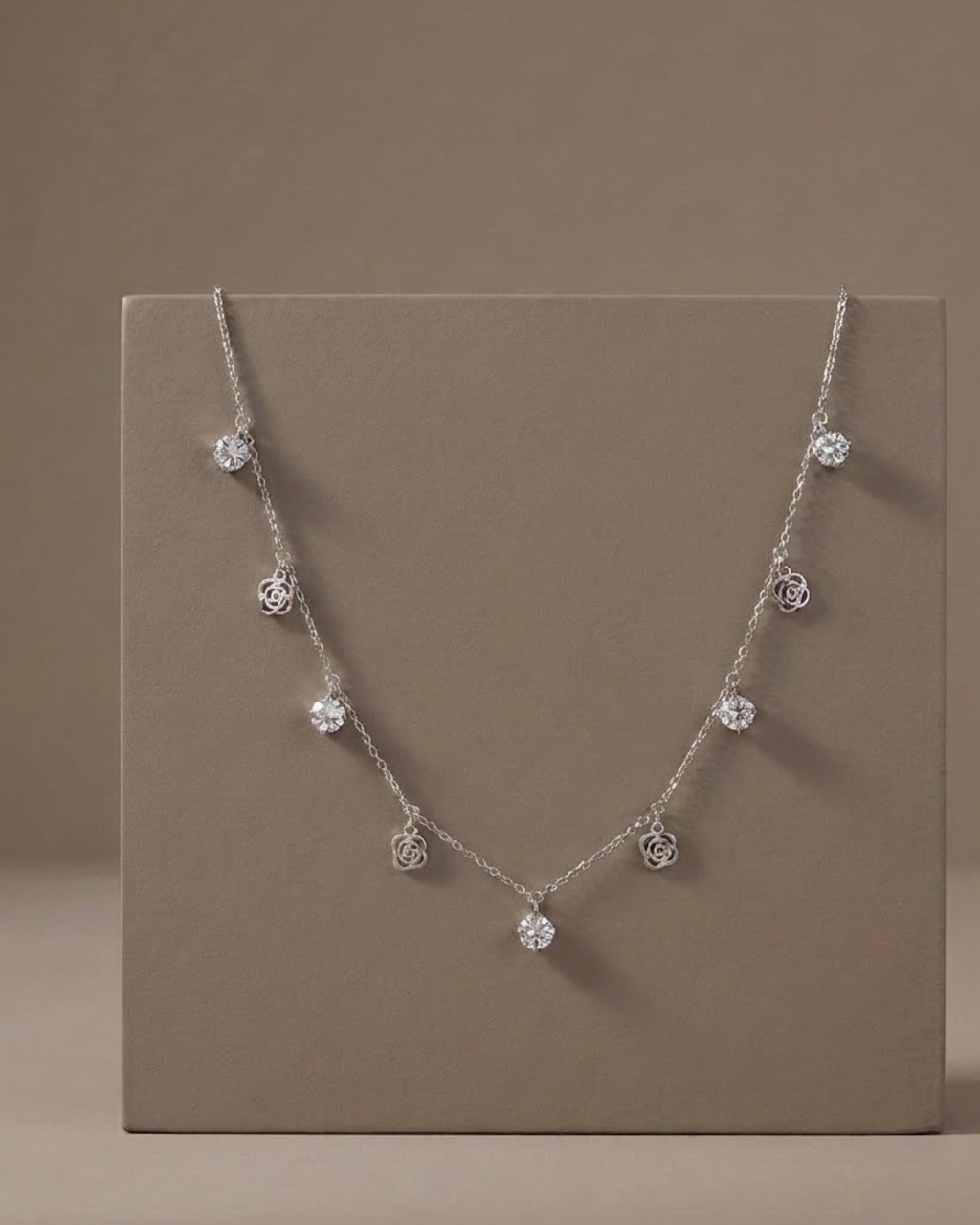 Floral Crystal Dangle Necklace Sterling Silver