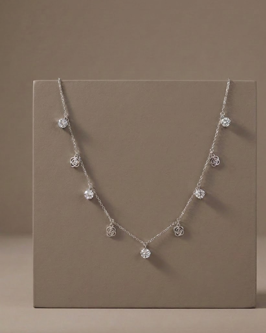 Floral Crystal Dangle Necklace Sterling Silver