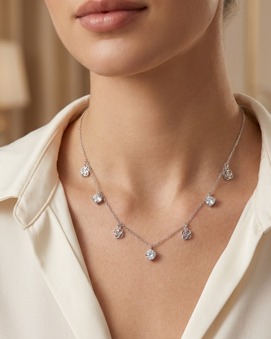 Floral Crystal Dangle Necklace Sterling Silver