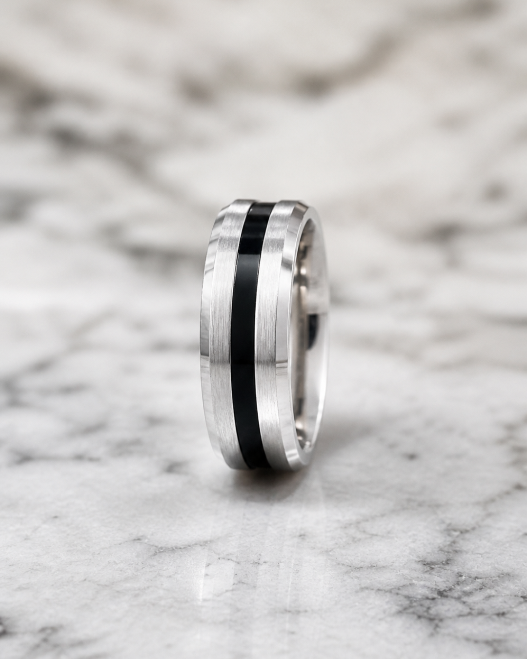 Onyx Inlay Brushed Silver Men’s Dibla Ring