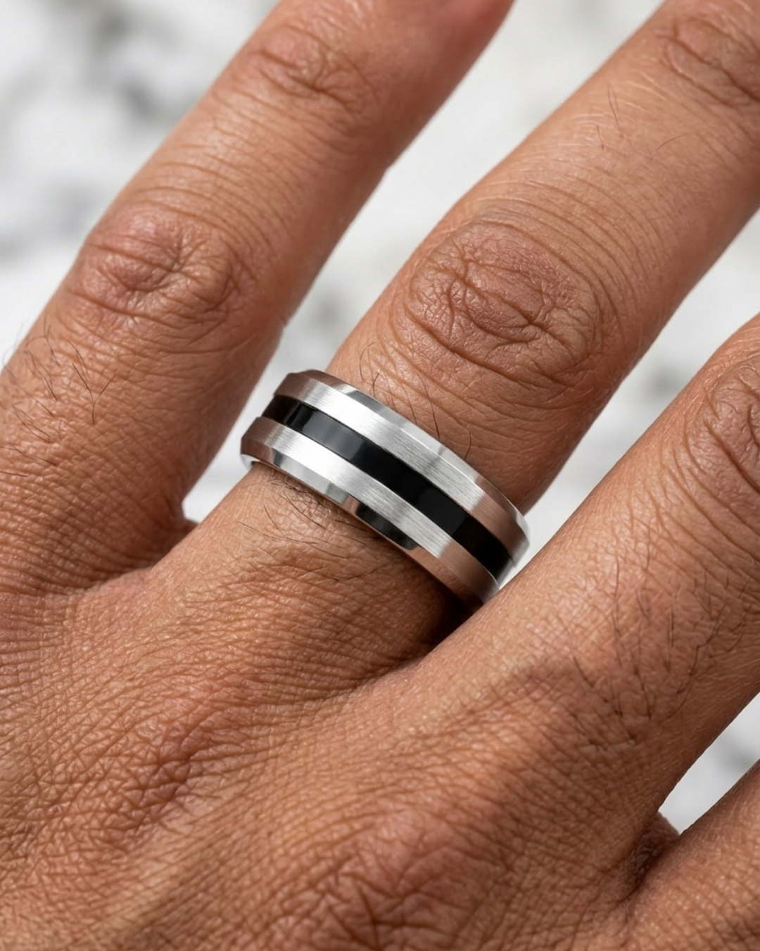 Onyx Inlay Brushed Silver Men’s Dibla Ring
