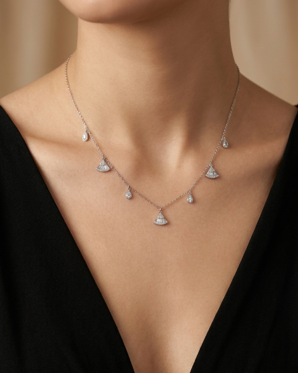 Fan and Teardrop Station Necklace Sterling Silver