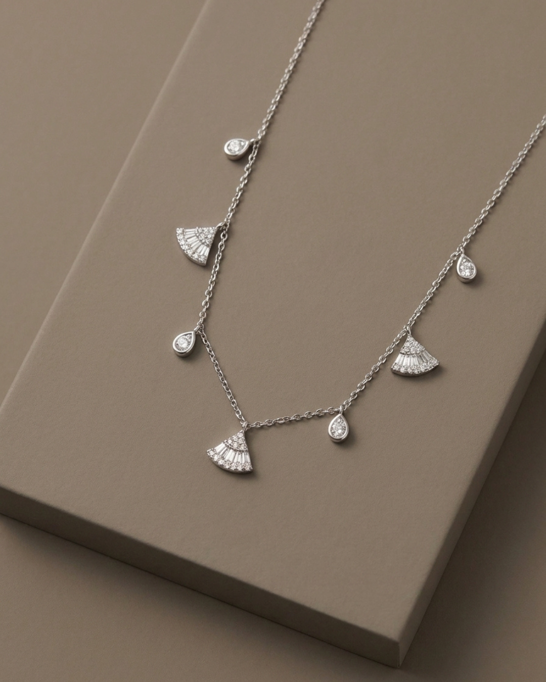 Fan and Teardrop Station Necklace Sterling Silver