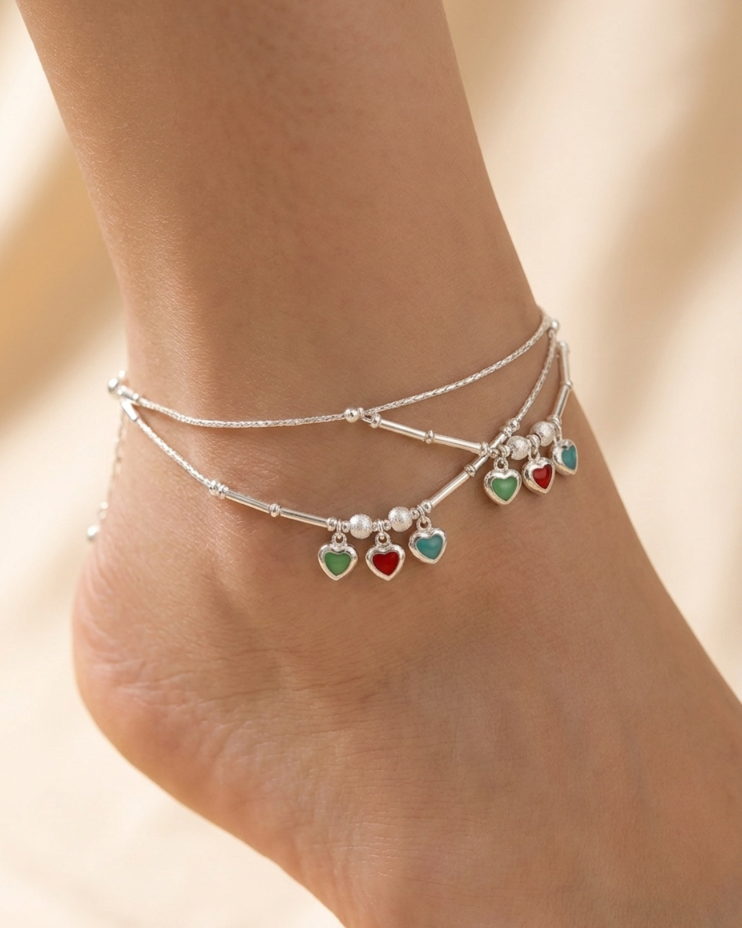 Traditional Sterling Silver Meenakari Heart Payal Anklet