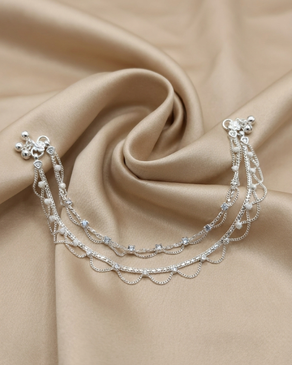 Silver Layered Crystal Payal Anklet