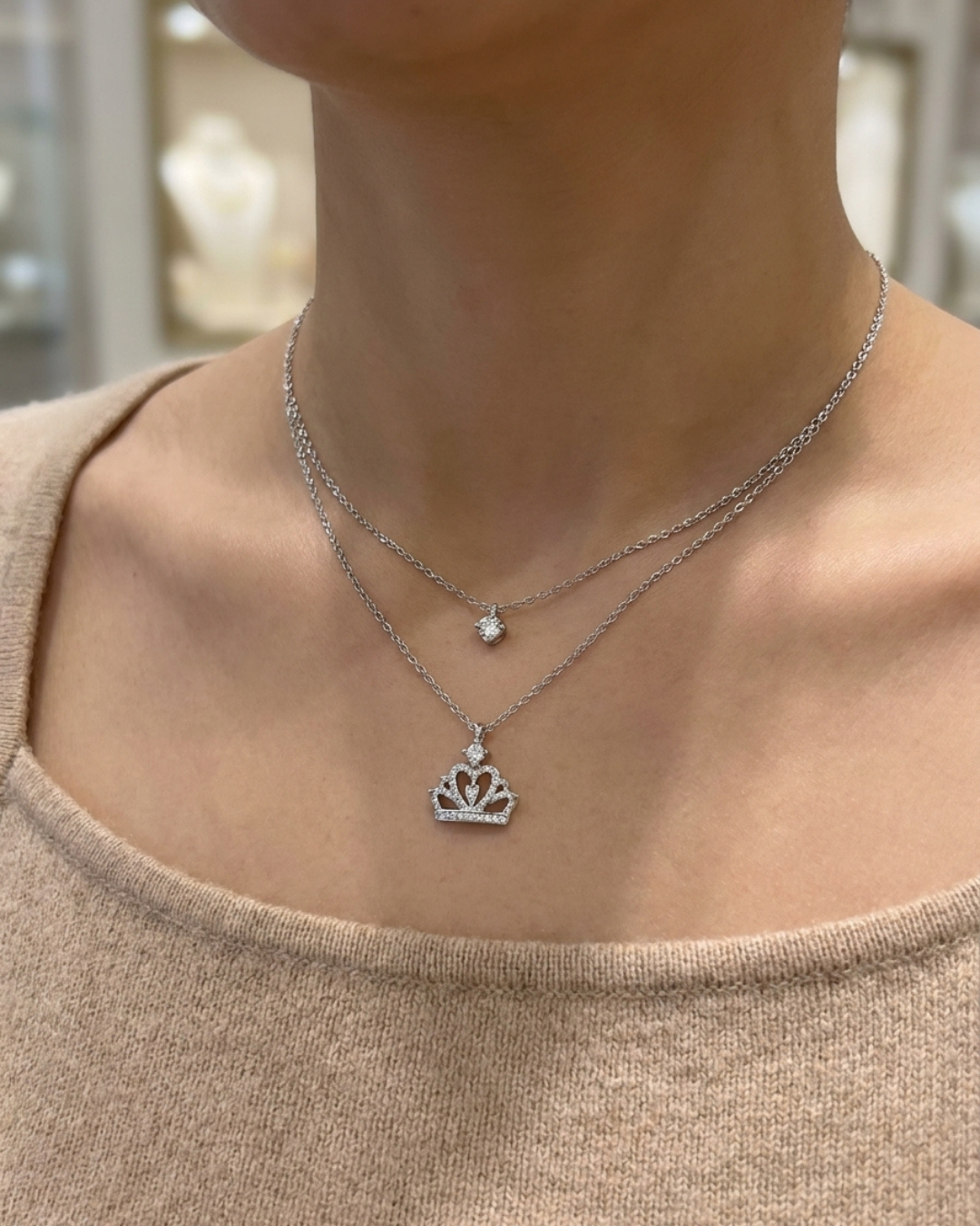 Layered Crown Charm Women's Necklace Sterling Silver