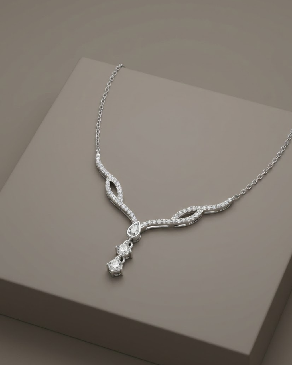 Curved Drop Crystal Necklace Sterling Silver