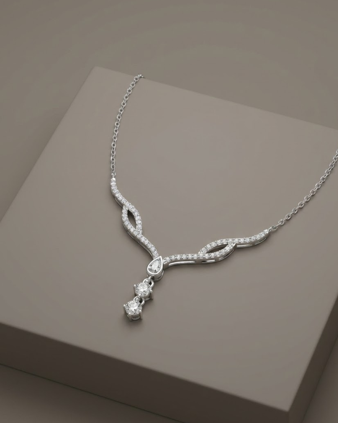 Curved Drop Crystal Necklace Sterling Silver