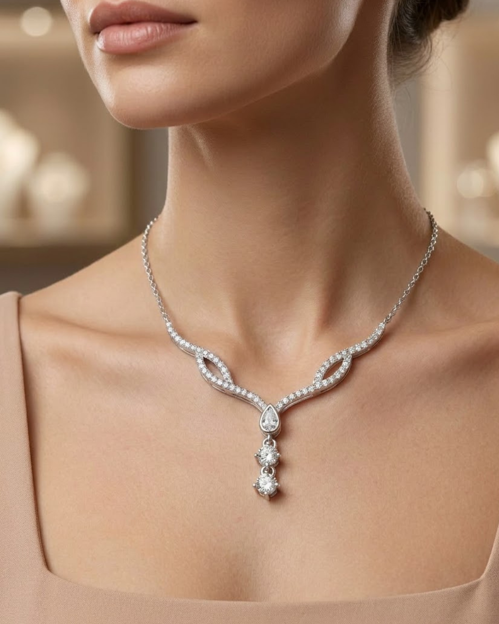 Curved Drop Crystal Necklace Sterling Silver