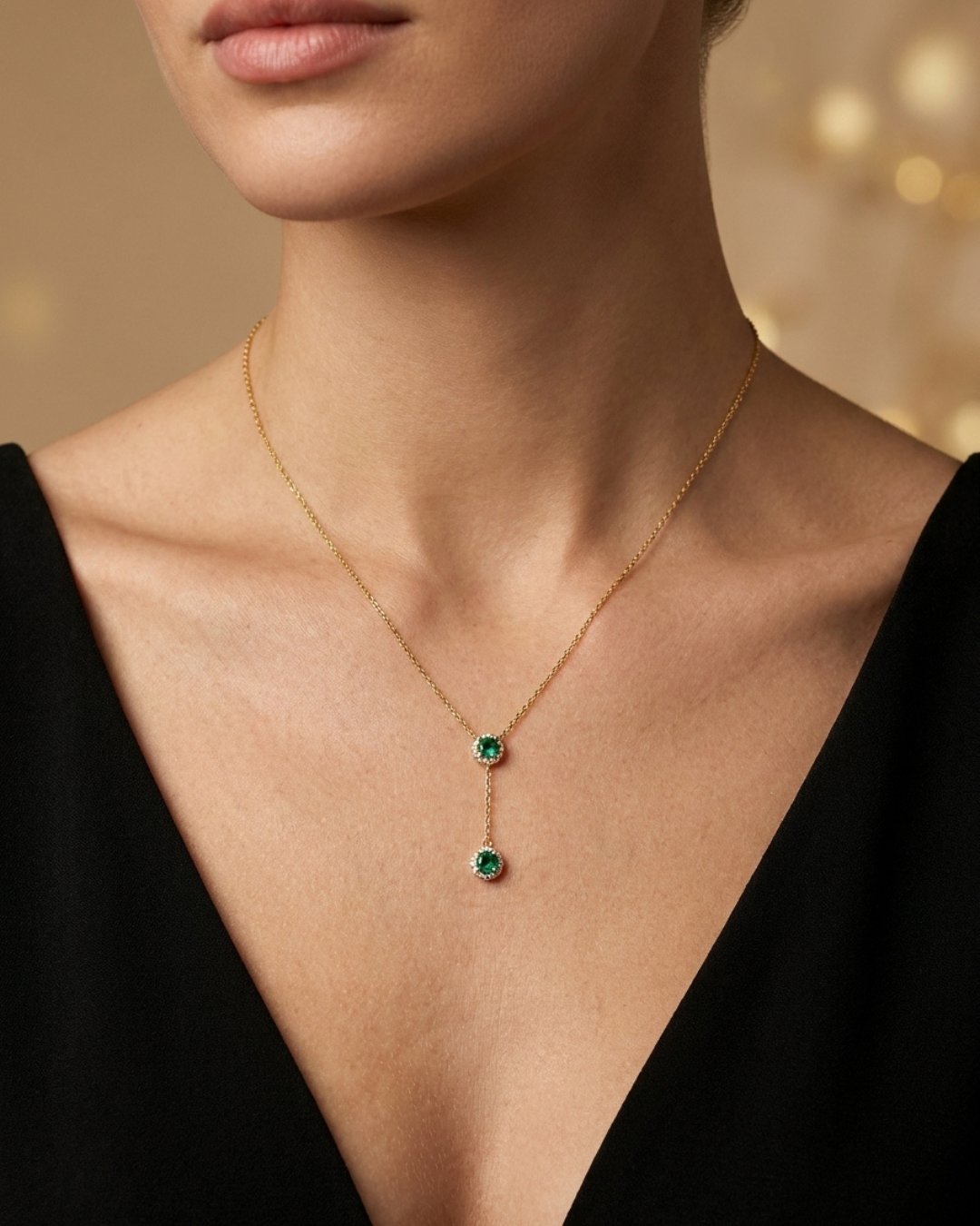 Double Round Halo Drop Necklace Gold Plated