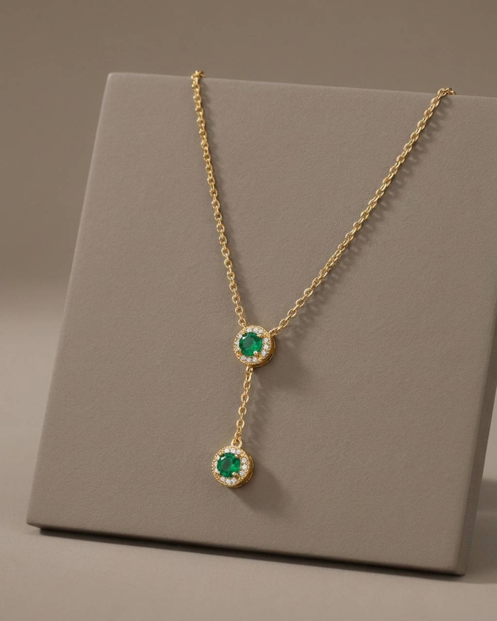 Double Round Halo Drop Necklace Gold Plated