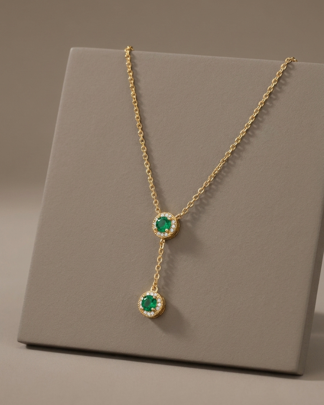 Double Round Halo Drop Necklace Gold Plated