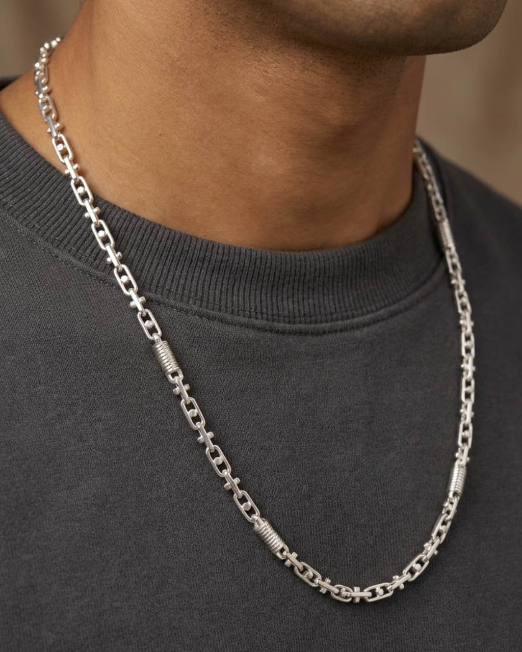 Textured Station Link Chain Necklace Sterling Silver
