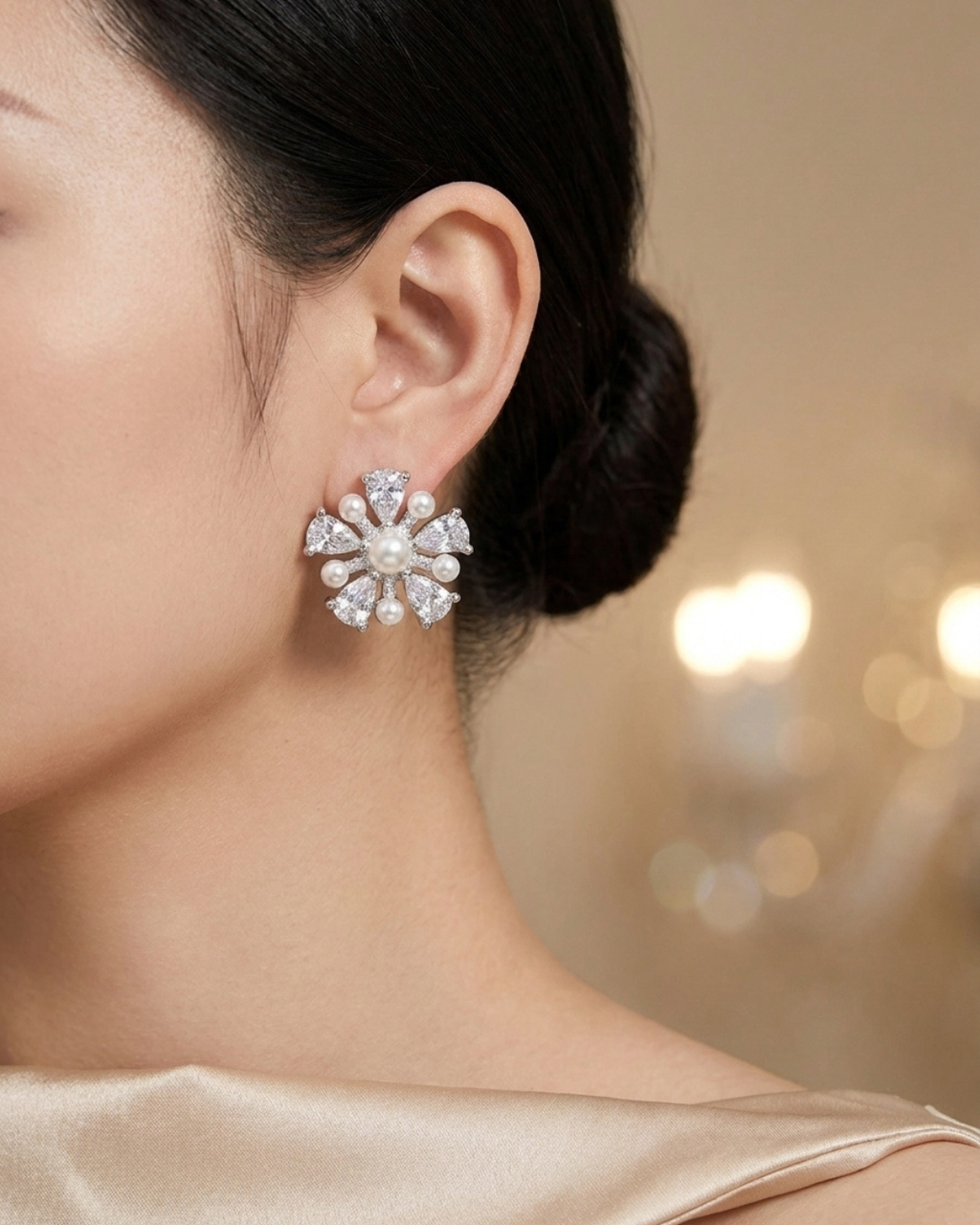 Pearl Snowflake Studs Earring Sterling Silver