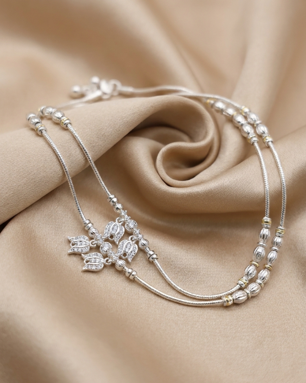 Double Layer Silver Floral Payal Anklet