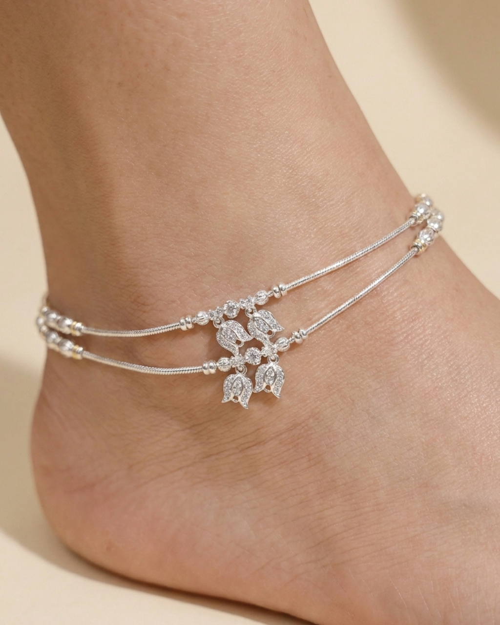 Double Layer Silver Floral Payal Anklet