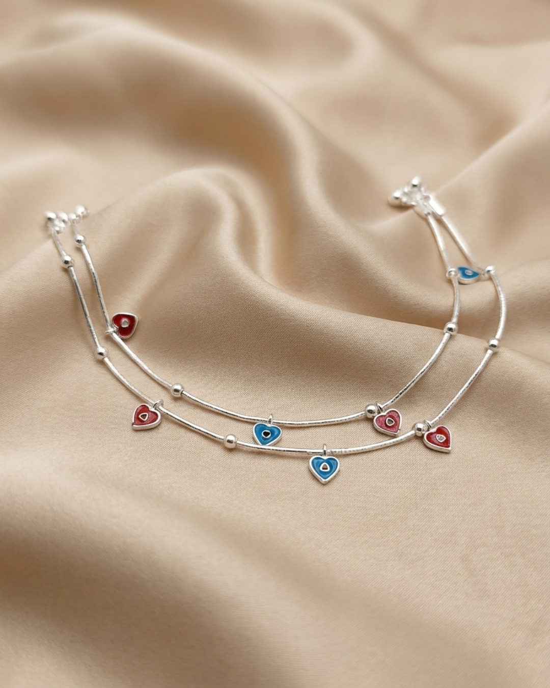 Enamelled Vibrant Heart Dual-Chain Silver Payal