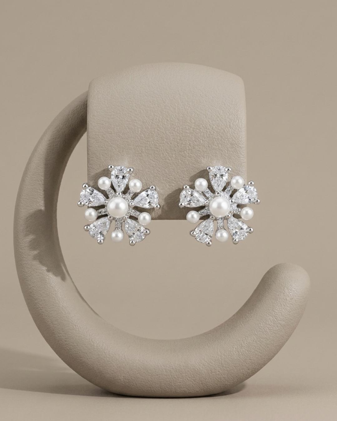 Floral Pearl Cluster Stud Earrings Sterling Silver