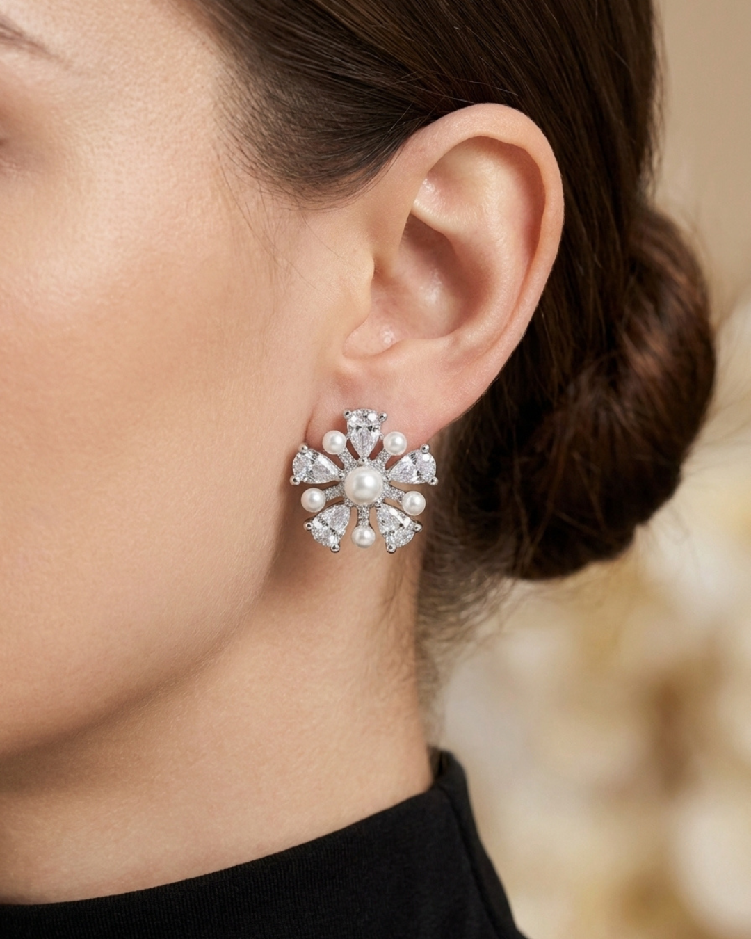 Floral Pearl Cluster Stud Earrings Sterling Silver