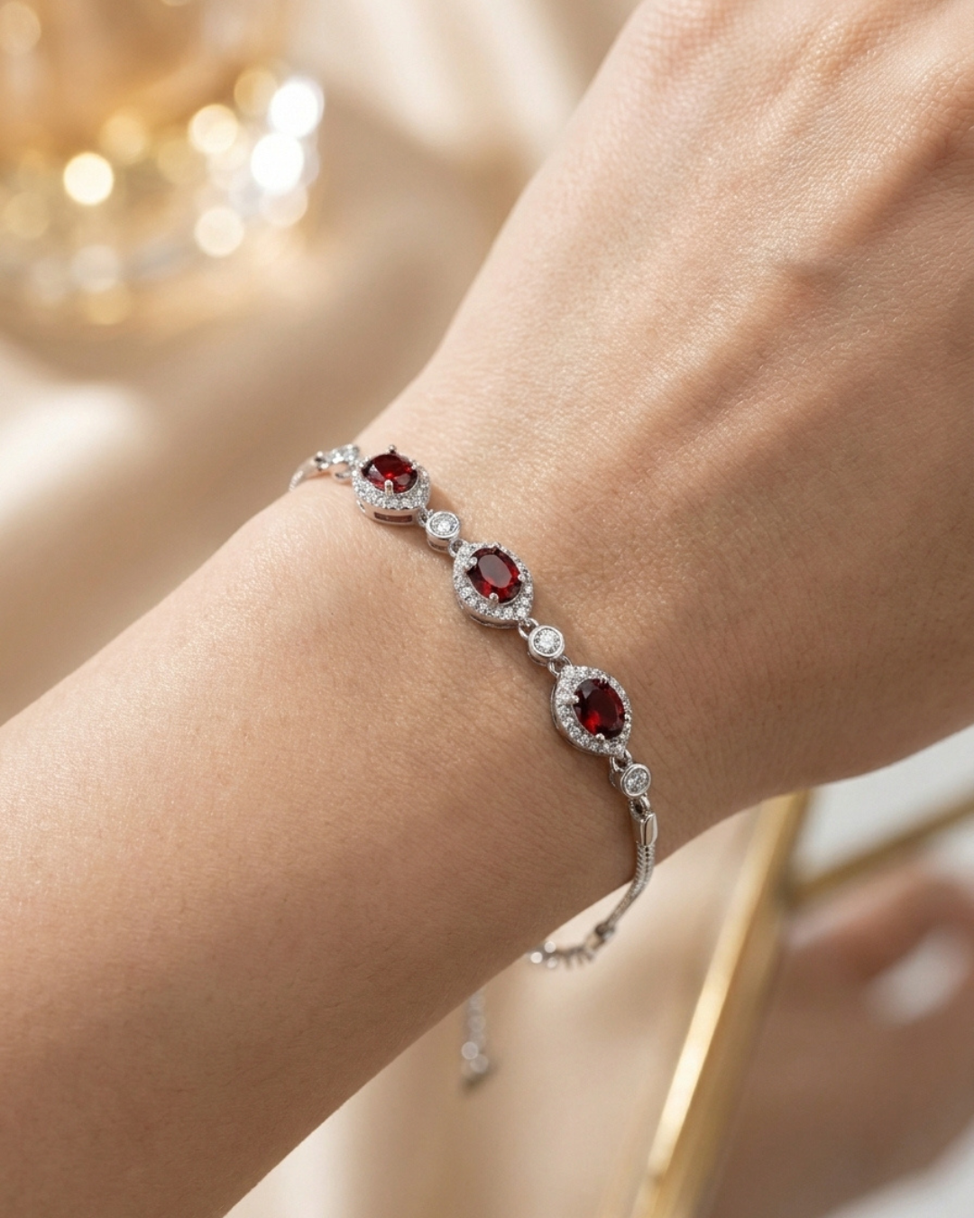 Crimson Oval Halo Elegant Tennis Bracelet