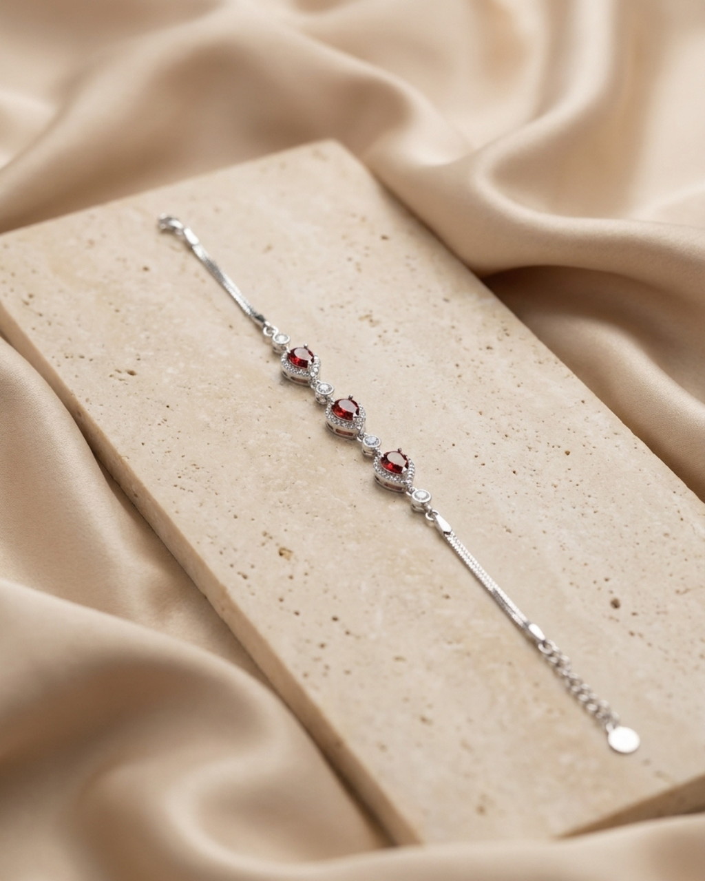 Crimson Oval Halo Elegant Tennis Bracelet