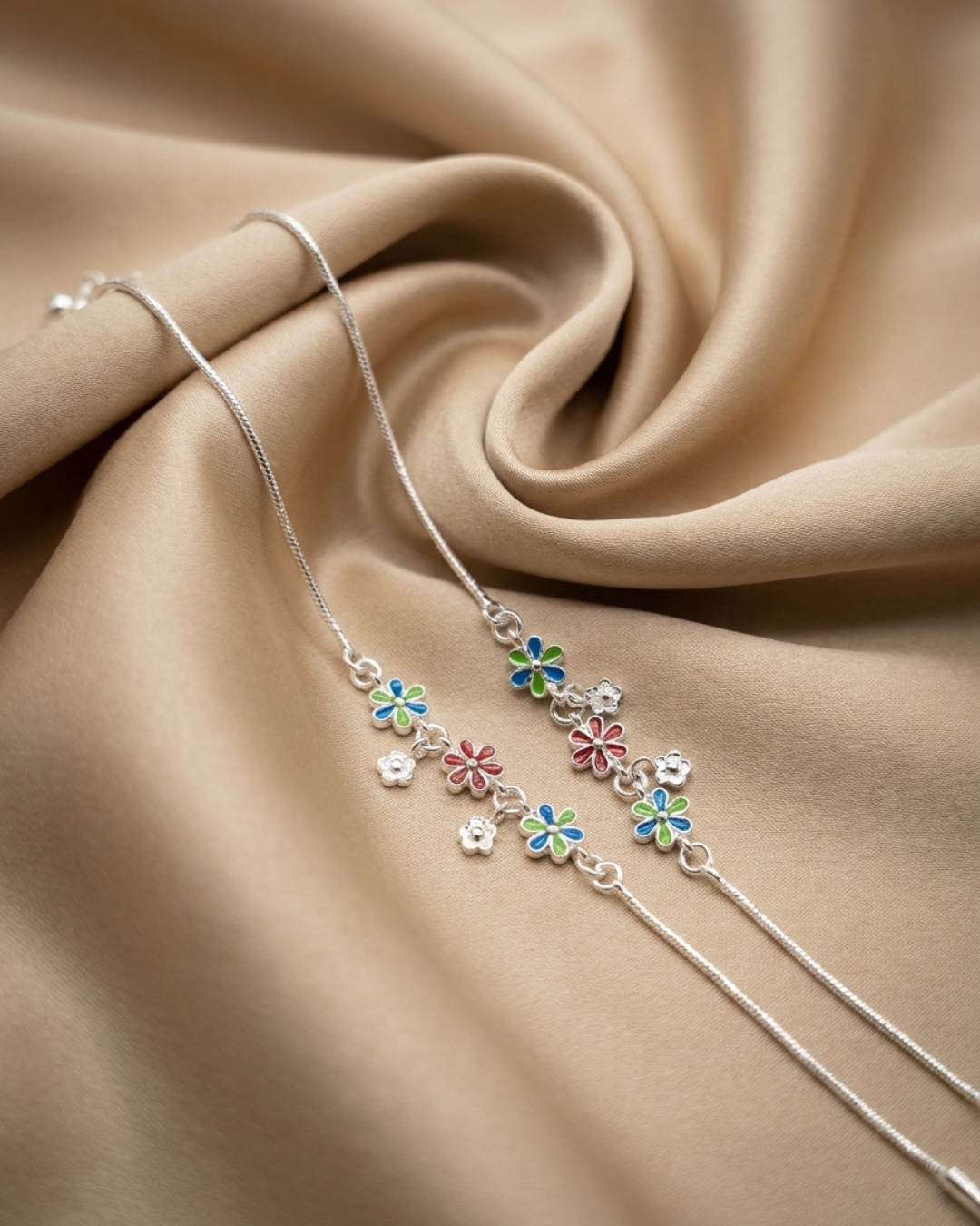 Sterling Silver Floral Meenakari Payal Anklet