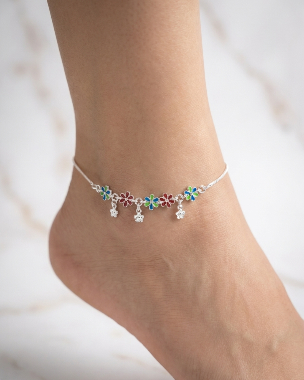 Sterling Silver Floral Meenakari Payal Anklet