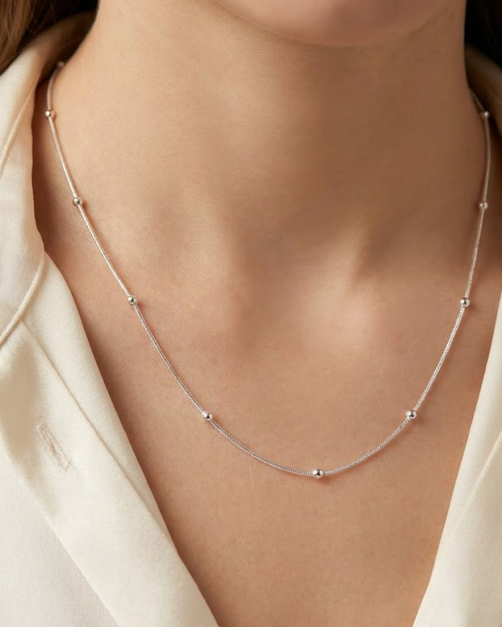 Beaded Station Chain Necklace Sterling Silver