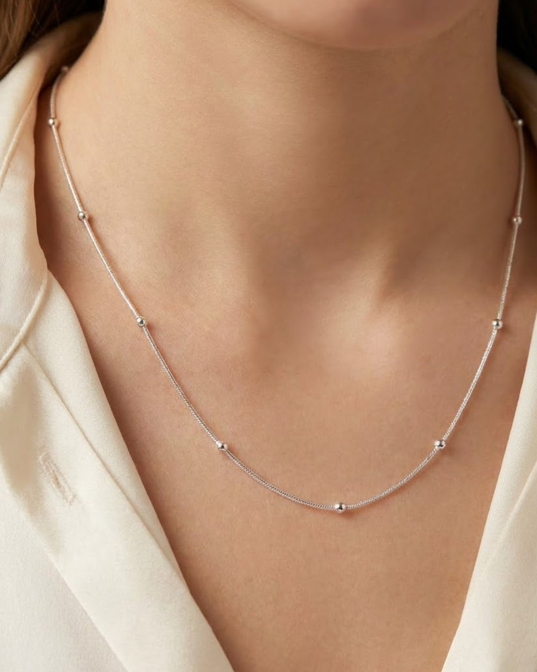 Beaded Station Chain Necklace Sterling Silver